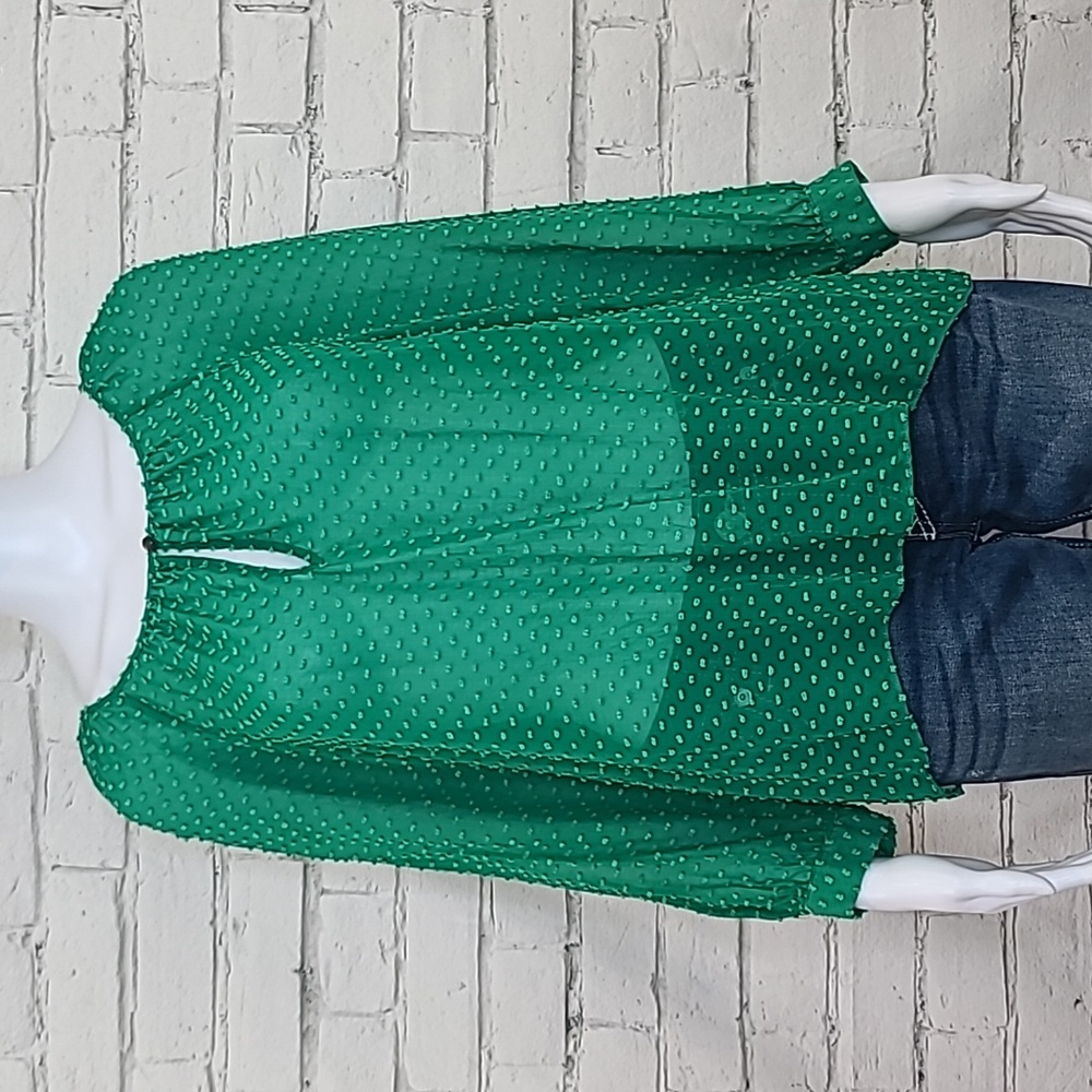 J Crew Flowy Sheer Silk Chiffon Long Sleeve Dot Blouse in Green - Picture 3 of 17